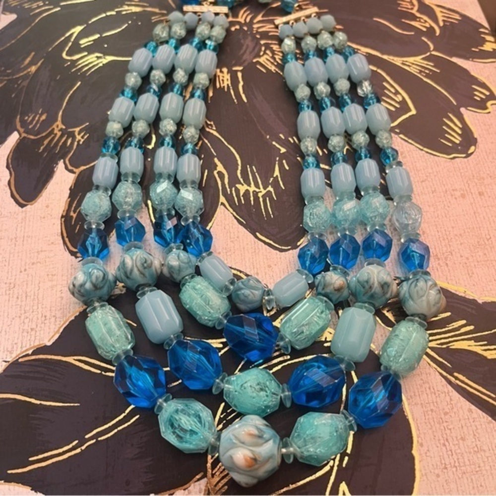 Vintage 40s West Germany Large 4 Strand Blue and Teal Chunky Beaded Necklace A3